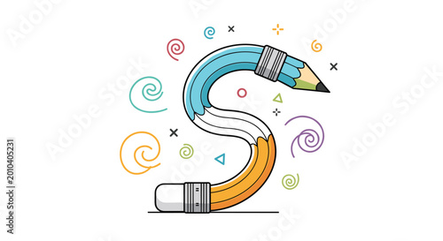 Creative illustration of a long pencil bent into the shape of the letter 'S', surrounded by colorful whimsical doodles and swirls.