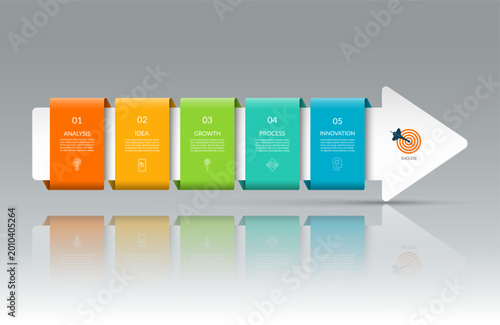 Infographic template with 5 steps. Business growth concept designed as a right-facing arrow with five color blocks with copy space. Can be used for web design, timeline, diagram, chart, presentation.