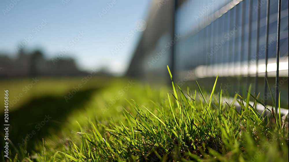 Fototapeta premium Vibrant green grass close-up with morning light, blurred distant architecture, and a modern fence creating a fresh outdoor minimalist scene