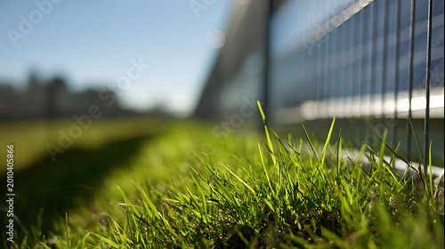 Vibrant green grass close-up with morning light, blurred distant architecture, and a modern fence creating a fresh outdoor minimalist scene