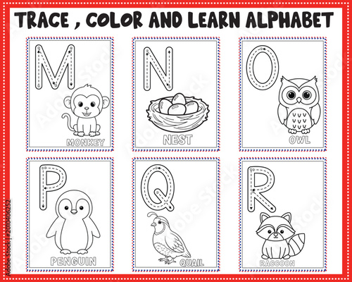 ABC alphabet tracing and coloring worksheet for kids printable, trace color and learn letters M to N with animals and objects, preschool kindergarten handwriting practice activity pages early learning