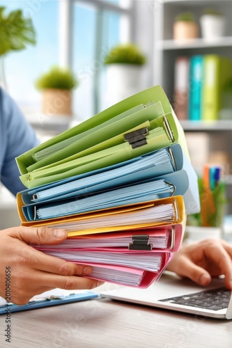 Business paperwork and colorful file folders held over a laptop in a modern office