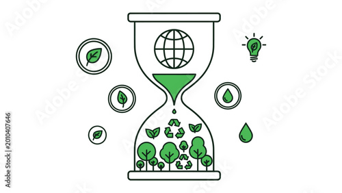 Photos Ecological Time: An hourglass, with earth globe symbol within, symbolizing the urgency of environment preservation and the ongoing cycle of nature and sustainability