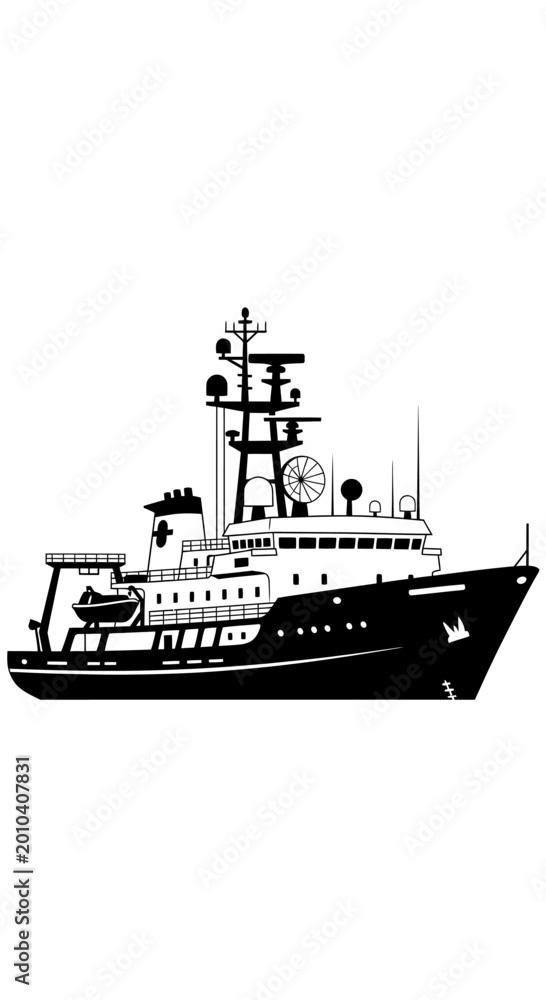 Fototapeta premium Black and white silhouette of a research vessel, scientific exploration ship, oceanographic research boat