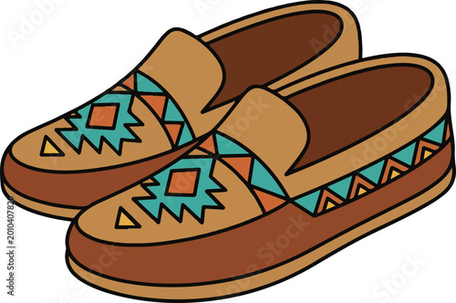 Pair of brown moccasin shoes with geometric pattern moccasins footwear slippers geometric