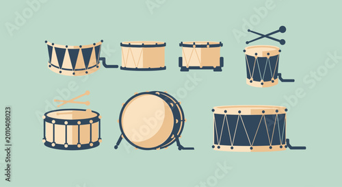 Tableau sur toile Collection of Various Drums and Drumsticks, Musical Instruments Vector Art