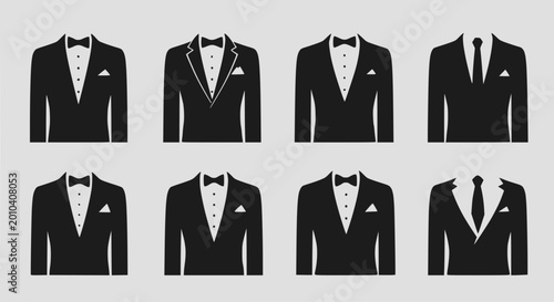 Collection of formal menswear suits with bow ties and ties, isolated on grey background.