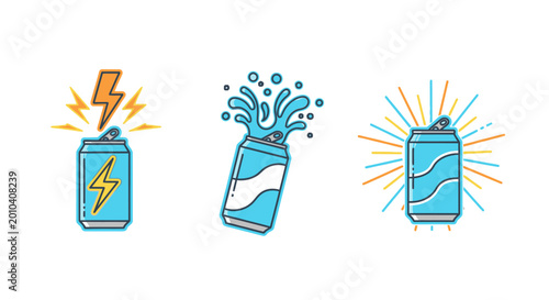 Energy Drink Cans with Lightning, Splash, and Rays Icons