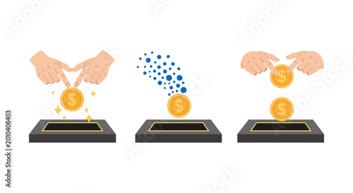 Hands dropping coins into slot, money transfer, financial transaction, investment concept