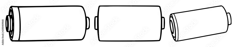 Obraz premium Alkaline battery set with black line art on white background featuring power source, energizing symbols, simple illustration with electronics and portable device