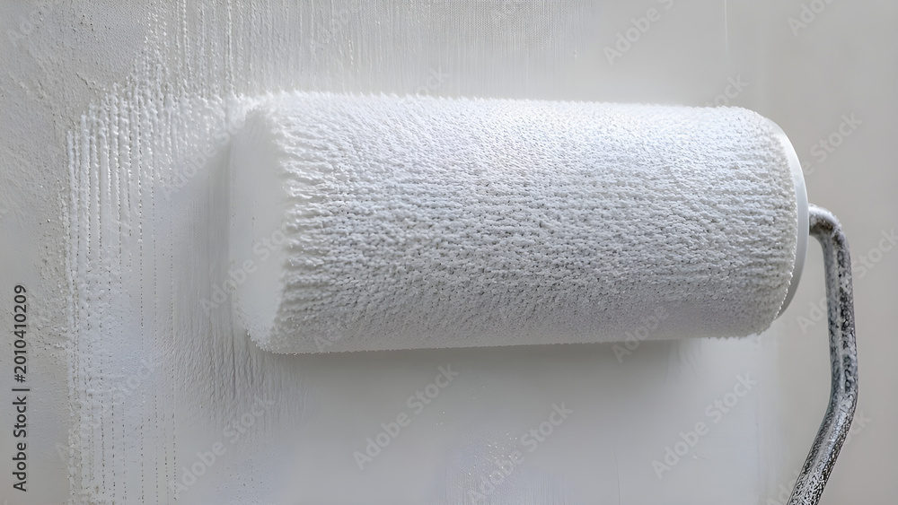 Obraz premium Extreme Close Up Of Paint Roller Applying White Primer To Textured Wall