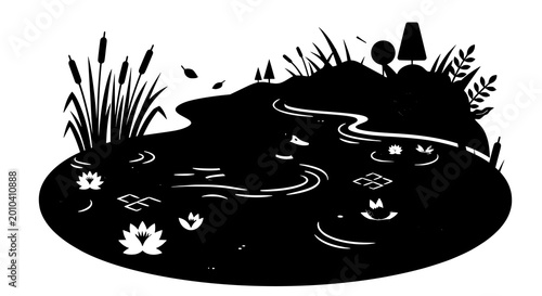 Quadro su tela Duck pond scene vector with aquatic plants lily pads and peaceful water illustra