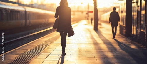 Silhouetted woman walking on a train station platform at sunset, with a blurred train and long shadows.