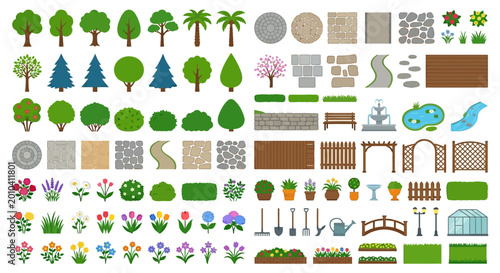 Obraz na plátně Garden and landscape elements vector illustration set on white background