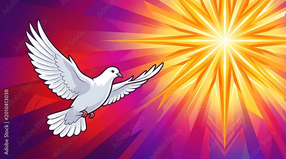 Fototapeta premium white dove flying into golden sunset with radiant light rays symbolizing peace and hope