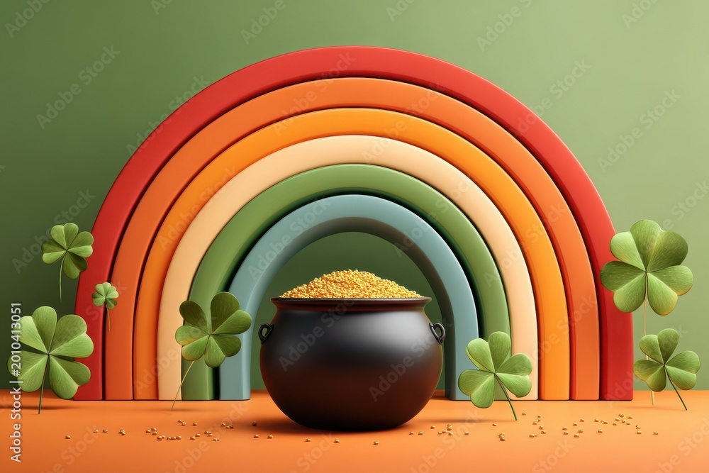 Naklejka premium Pot of gold at the end of a rainbow with shamrocks and colorful arches for St. Patrick's celebration