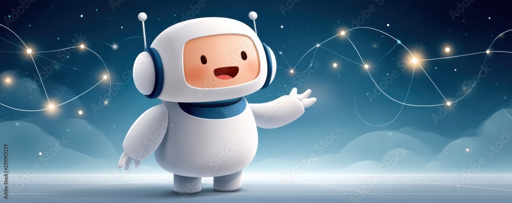 Fototapeta premium Friendly blue chatbot robot mascot with network connections and smiling AI assistant