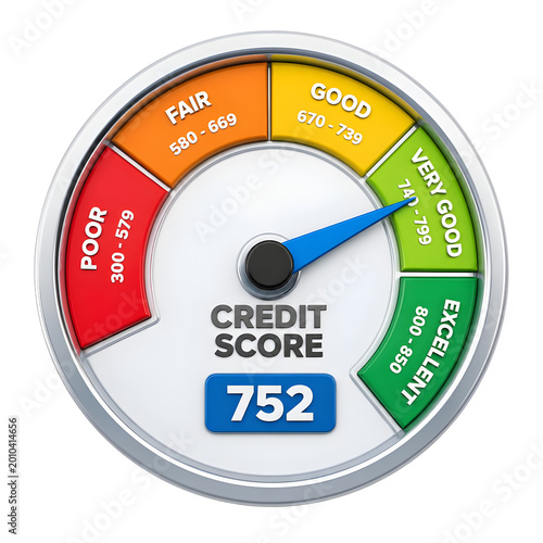 Credit Score Gauge Showing Good Rating 752 With Red Orange Yellow Green And Blue Color Zones Isolated On White Background