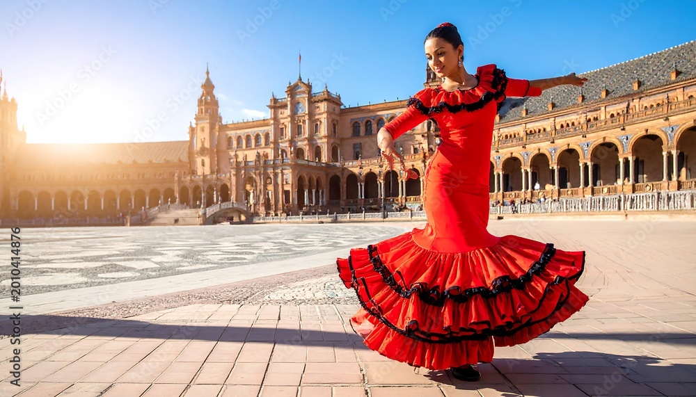 Fototapeta premium Woman in vibrant red dress performs a flamenco dance in a sunny plaza