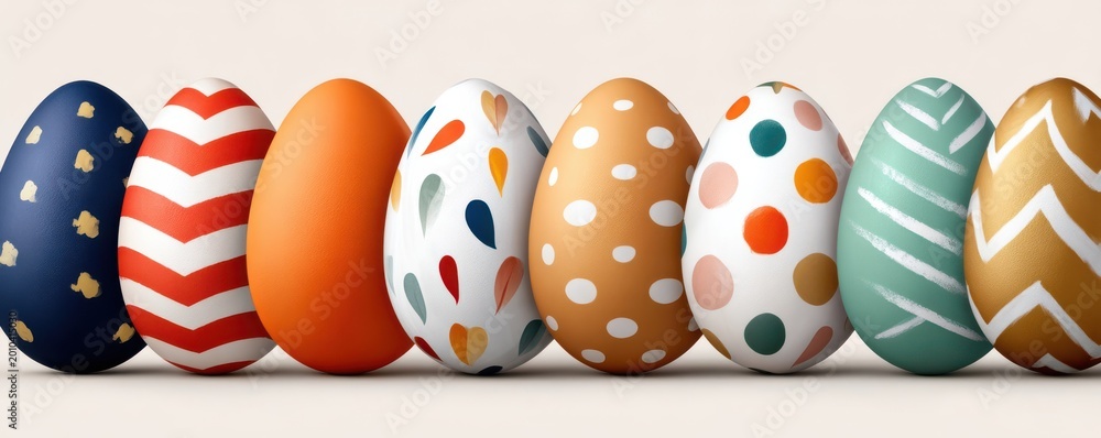 Naklejka premium Colorful painted Easter eggs with various patterns lined up in a festive spring row