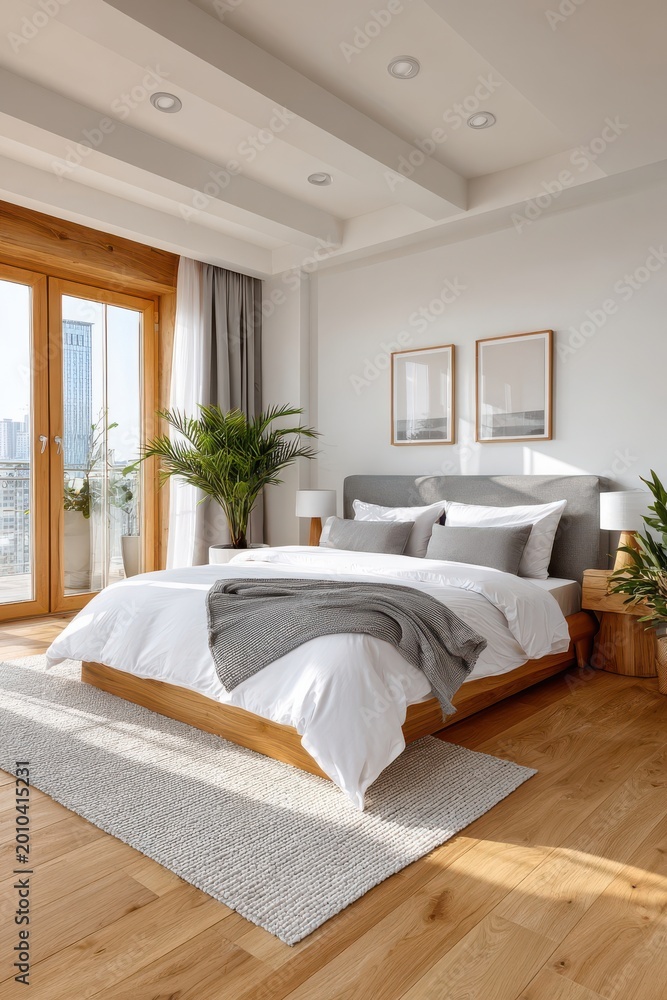 Fototapeta premium Bright modern bedroom with white bedding, light wood flooring and plants for a calm retreat