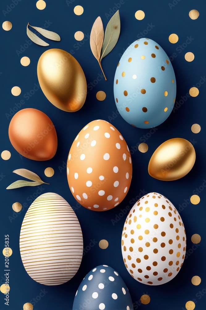 Obraz premium Easter decorated eggs in blue and gold polka dot pattern on a dark navy background for spring