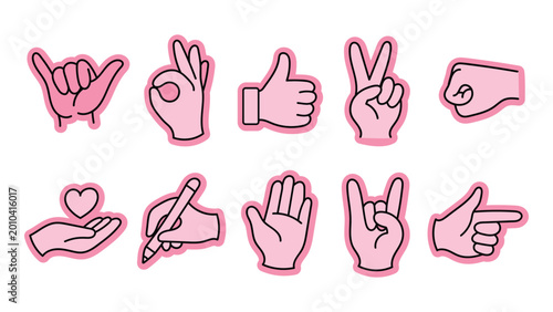 Cuadro en lienzo Set of Cute Pink Hand Gestures and Finger Signs Featuring Flat Vector Illustrati