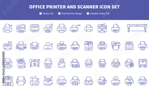 Quadro em tela Comprehensive office printer and scanner icon set featuring laser inkjet multifu