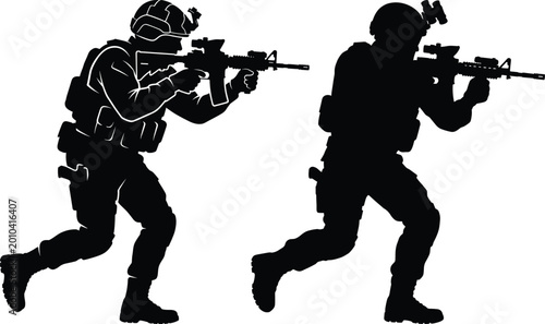 Foto Military soldier silhouette set with tactical combat poses aiming rifle isolated