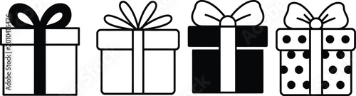 Fotografie Four different gift box vector illustrations featuring solid black line art and