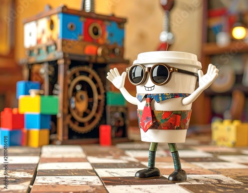 Whimsical anthropomorphic coffee cup character with sunglasses and tie, on a checkered surface, near a steampunk clock