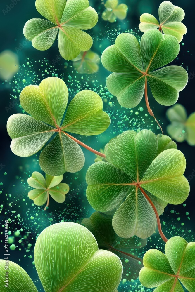 Fototapeta premium Shamrocks and clovers floating on a green bokeh background for St. Patrick's Day celebration