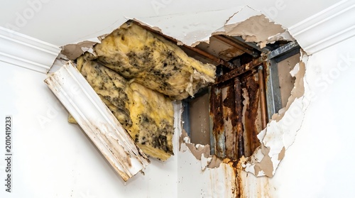 Severe water damage and mold growth on a ceiling exposing insulation and structural elements.