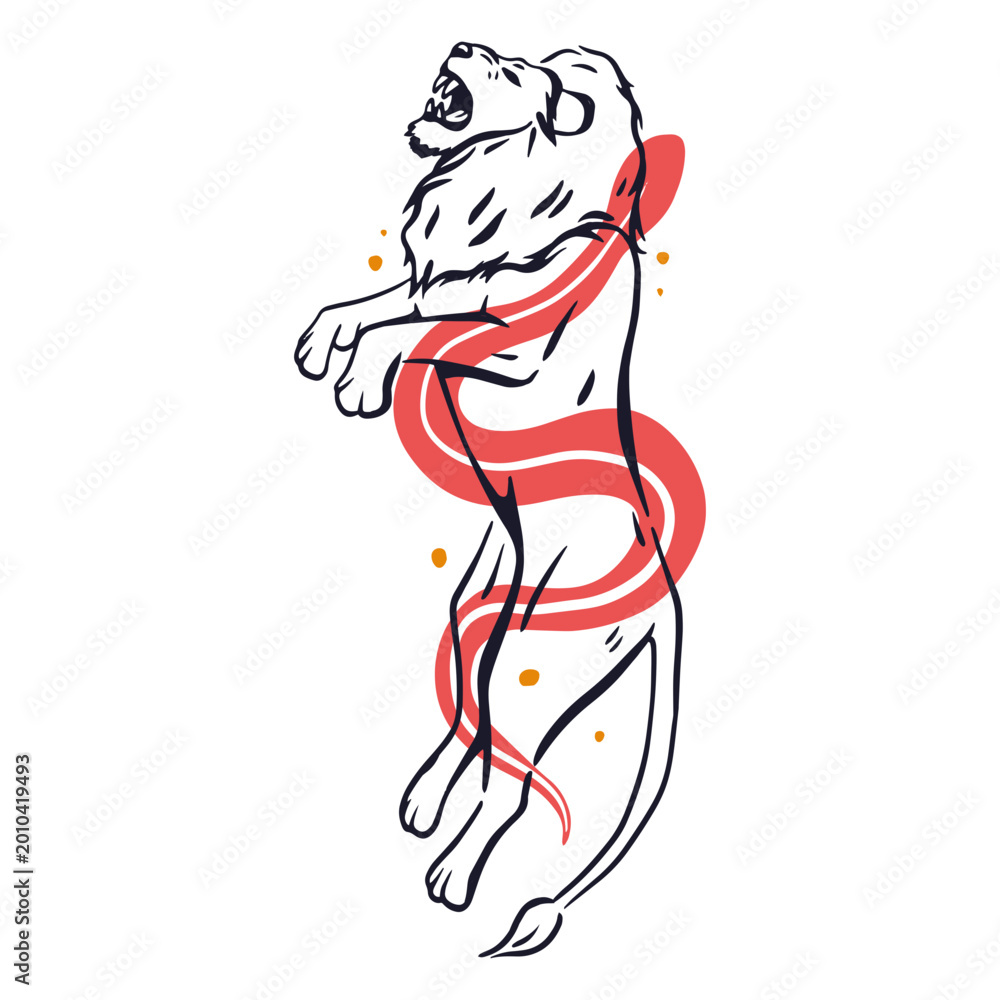 Obraz premium Lion coiled by a snake