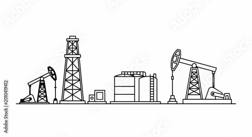 Schilderij op canvas Oil drilling rig and refinery industrial landscape illustration.