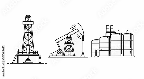 Canvastavla Oil drilling rig pumpjack and refinery industrial complex line art illustration