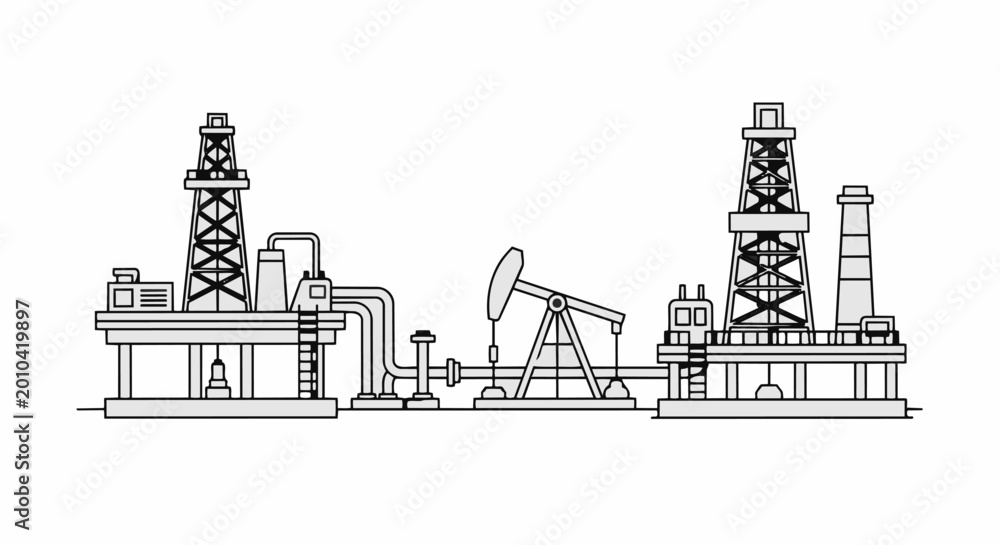 Fototapeta premium Oil drilling rig and pumpjack industrial complex illustration.