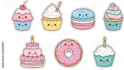 Schilderij op canvas PrintCute kawaii dessert sticker collection featuring cupcakes cakes and donuts