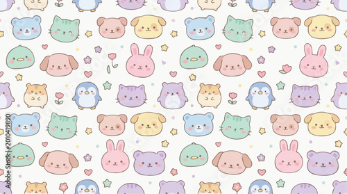 Seamless pattern with cute cartoon animals, including cats, dogs, bunnies, bears, and penguins