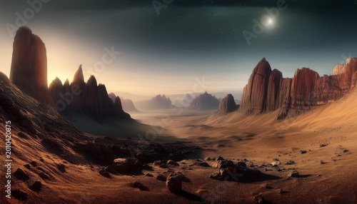 a desolate exoplanet landscape with a range of tall narrow rocky mountains the ground covered in a fine dust and a strange dimly lit sky overhead