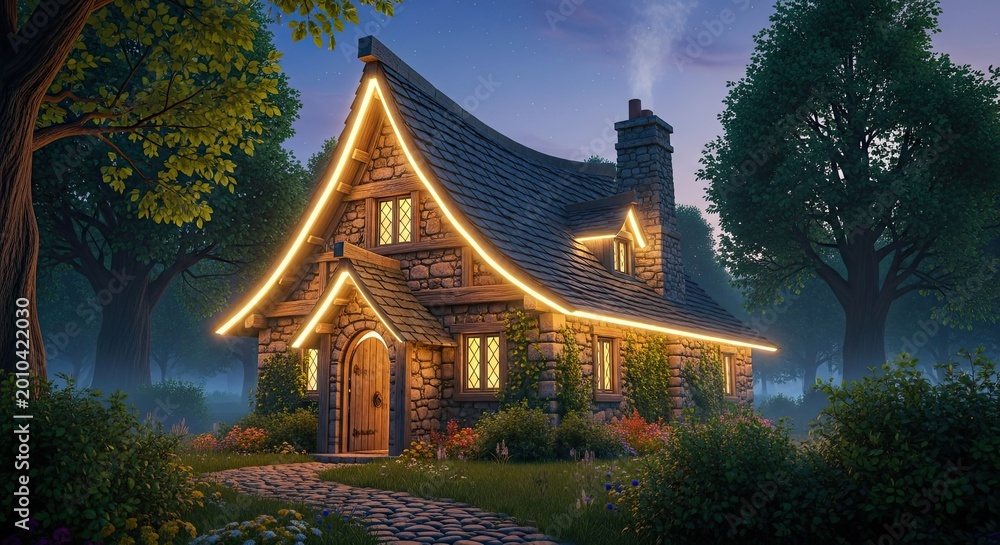 Naklejka premium Enchanting Stone Cottage with Twinkling Lights at Twilight