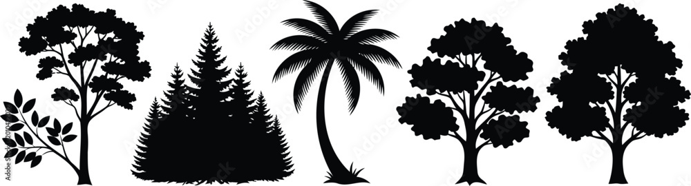 Fototapeta premium Various tree silhouettes vector illustration line art set.