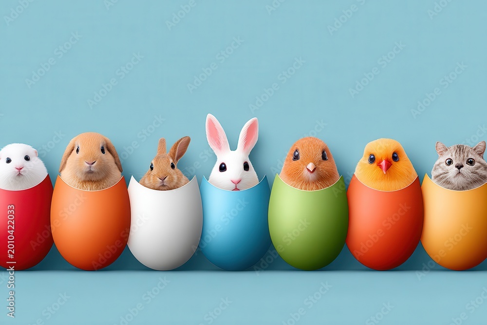 Naklejka premium Row of colorful Easter eggs with miniature animals peeking out for spring celebration