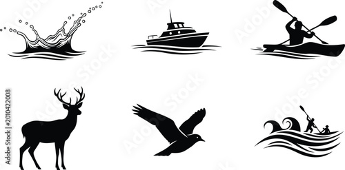 Water splash boat kayak deer bird nature elements silhouette vector illustration.