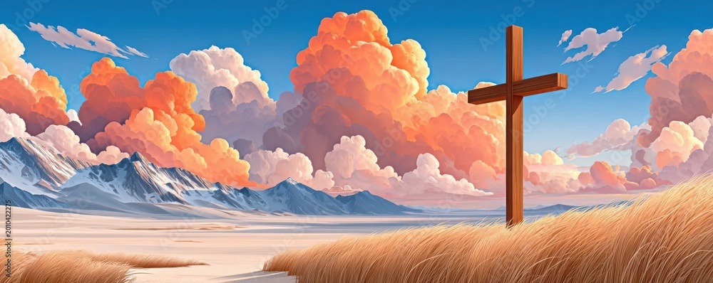 Fototapeta premium Wooden cross standing in a grassy field under dramatic clouds with distant mountains at sunset