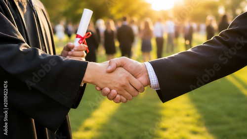 graduate in a gown holding a diploma while shaking hands with a person in a suit and people in the background achievement, success, and transition into professional life background