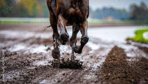 low angle view of a horse racing through mud on a wet track on an overcast day