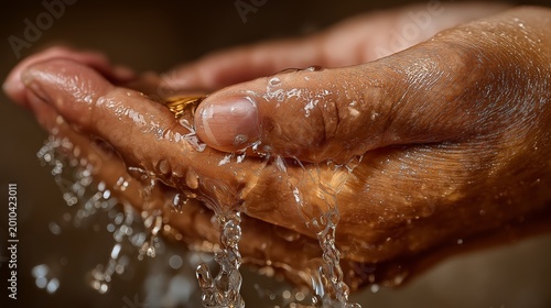 Hands are cupped together, catching water that flows down from above. Drops of water splash out, creating a small cascade. This scene shows a moment of interaction with water