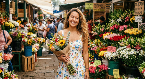 Young Latina woman in a sundress at a vibrant flower market