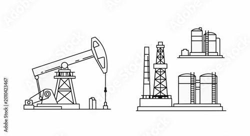 Canvas Print Oil Pumpjack and Industrial Refinery Buildings Line Art.